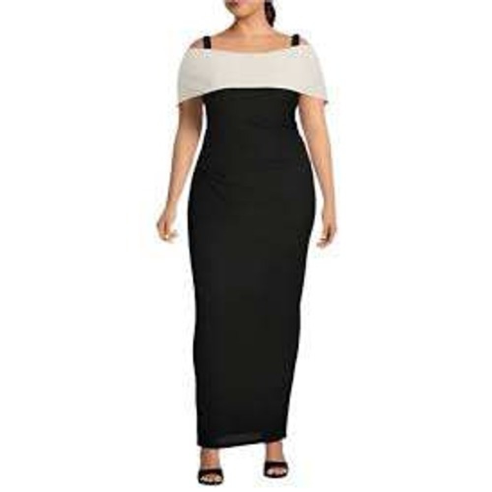 Marina Gown Women Sz 8 Black Ivory Off Shoulder Ruched Formal Maxi Dress